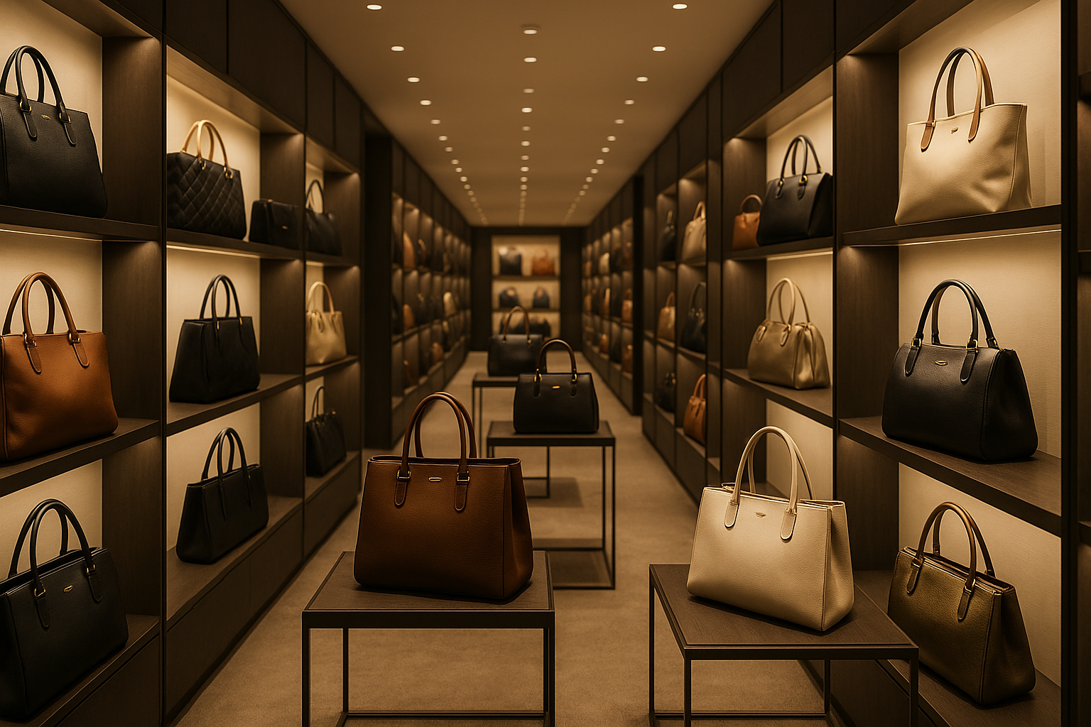generate an image banner of an elegant isle of endless bags, purses and totes